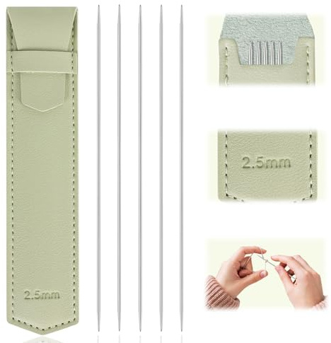 5 Stück Edelstahl Sockennadeln Set Nadelspiel 2,5 mm 15cm Länge mit Grün Aufbewahrungstasche Klein PVC Leder Doppelspitz Stricknadeln Stricknadeln Rundstricknadel für Socken Hüte Schals Handschuhe