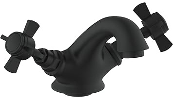 VeeBath Ripple Traditional Mono Basin Mixer Tap – Victorian Style, Matt Black Finish, Dual Lever, Deck Mounted Bathroom Taps, G1/2 Inlet with Pop-Up Waste, Classic Sink Tap for Bathroom & Cloakroom