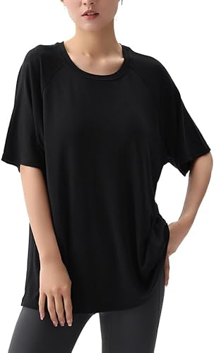 FASH-ICONS Top pigiama da donna ultra morbido con imbottitura modestia integrata, maglietta a maniche corte in modal senza fili, biancheria da notte senza reggiseno, Nero , L/XL
