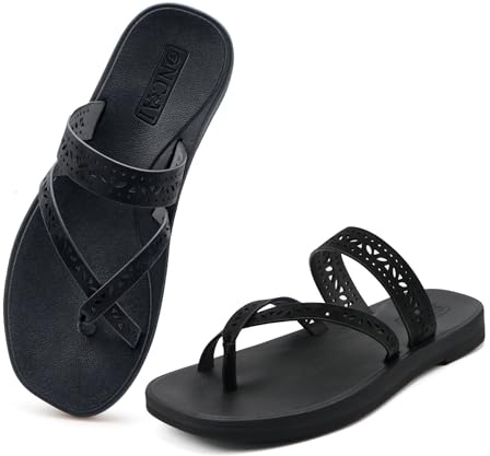 ONCAI Chanclas Mujer 2026 Verano Comodas Moda con Calado Flip Flop Sandalias Planas Estilo Bohemio Elegantes Sandalias de playa Antideslizantes de Goma Negro Talla 38