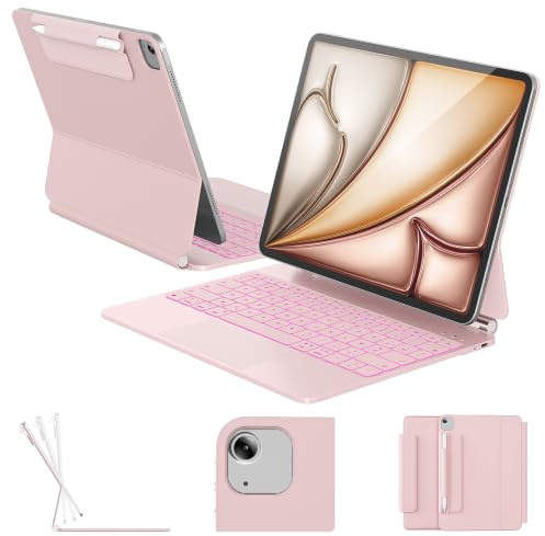 RAYMCRAFT Coque Clavier pour iPad Air 13 Pouces (M4/M3/M2) et iPad Pro 12,9 (6e/5e/4e/3e Gén) Magic Keyboard, Rétroéclairage 11 Couleurs, Smart Trackpad, Support Magnétique, Attache Stylet, Rose