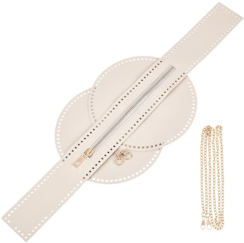 CALFOVERA Kit para Hacer Bolsos de Cuero Sintético con Forma de Mochila Redonda, Base de Bolso, Hecho A Mano, con Cremallera de Ganchillo, Correa de Cadena para Bolso Cruzado con Cierre (Beige)
