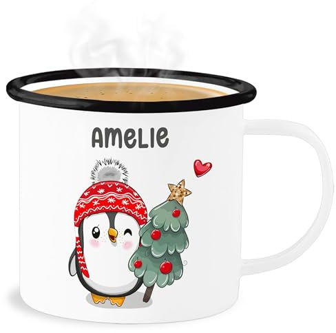Emaille Becher Blechbecher - Weihnachtstasse - Süßer Pinguin Geschenk mit Name personalisiert Weihnachten I Weihnachtsmotiv Pinguin I Weihnachtsgeschenke Pinguine - 300 ml - Weiß Schwarz