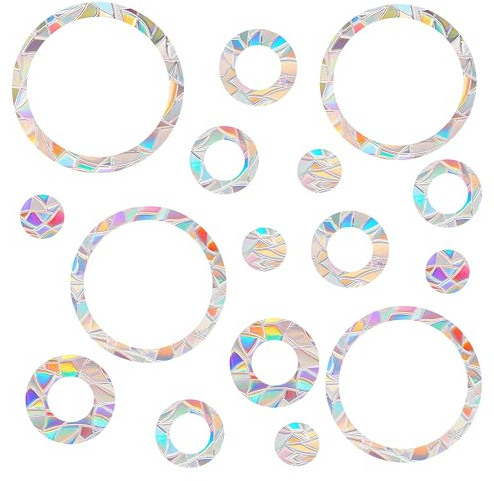 32 Stück Prisma Fensteraufkleber Für Vogelschläge, Suncatcher Sticker Vogelschutz Fenster Runde, PVC Ffensteraufkleber Vogelschutz Für Glasscheiben Deko (Ringe, Kreise)