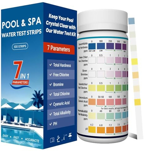 Joyzakzak 7-in-1 Pool-Teststreifen |150 Stück |Schnelle & zuverlässige Ergebnisse in 15 Sekunden | Whirlpool-Teststreifen & Wassertest Tester zur Messung von Cyanursäure,pH-Wert,Chlor,Brom,Gesamthärte