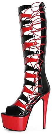Veelau Meieer Bottes à lacets pour femme avec semelle compensée Stiletto Gladiator Talons hauts Bottes jusqu'au genou, Noir et rouge, 44 EU