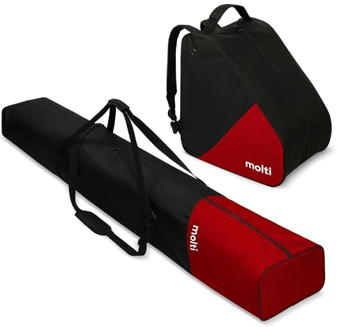 molti Skitasche Set - Skisack 195 cm + Skischuhtasche - Wasserabweisend 600D, Verstärkt, Belüftet, Mit Riemen & Taschen – Für Ski, Stiefel & Zubehör (Schwarz-Rot)