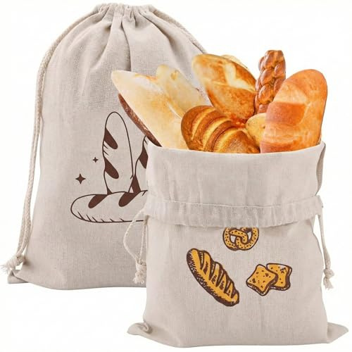 BAUCH 2 Piezas Bolsa de Pan de Lino Reutilizable con Cordón, para Almacenamiento de Pan, Verduras y Frutas, 31 * 38CM