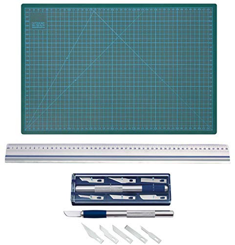 Wedo 078722 Cutter Hobbymesser Set silber inklusiv 6 Ersatzklingen im Set mit Wedo Schneidematte 45 x 30 cm und Schneidelineal 50cm Alu mit Rutschbremse (1, Cutter + Matte + Lineal 50cm)