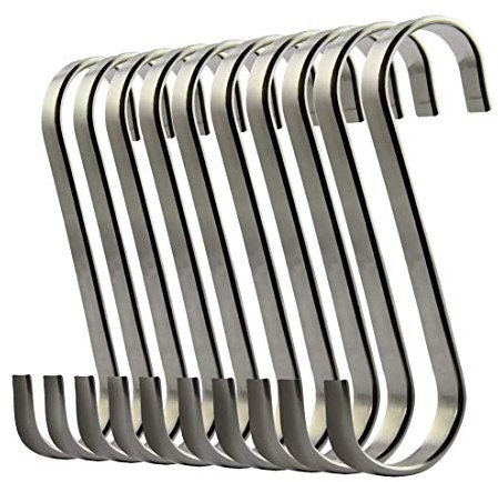 Nuosen S Shaped Hanging Hooks - 10 Pcs Stainless Steel Flat S Hooks for Kitchen, Bedroom and Office - Heavy-Duty Pan Hangers