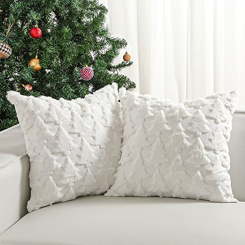 Lewondr Lot de 2 Taies d'oreiller de Noël, Housse d'oreiller en Fausse Fourrure+Velours avec Motif de Sapin de Noël, Housse de Coussin Décorative pour Maison Canapé Salon Lit, 45x45cm, Blanc
