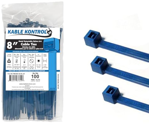 Kable Kontrol Sujetacables de metal azul detectable, 200 mm x 4,8 mm, paquete de 100, bridas de nailon con infusión de hierro de 8 pulgadas, envolturas de corbata multiusos, mecanismo de autobloqueo