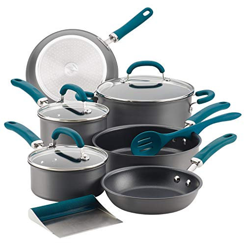 Rachael Ray 81123 Create Delicious Hard Anodized Nonstick Cookware Pots and Pans Set, Aluminum, Gray with Teal Handles