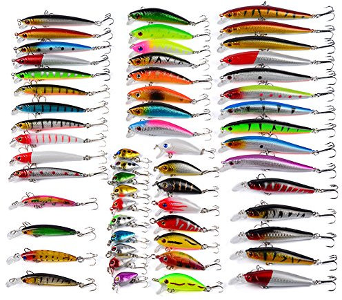 CHSEEO 56 Stück Wobbler Kunstköder Set Angel-Köder Forellenköder Angelhaken Perfekt zum Hecht Zander Angeln Barsch Forelle Dorsch Swimbait Jerkbait Angelzubehör Angelset #6