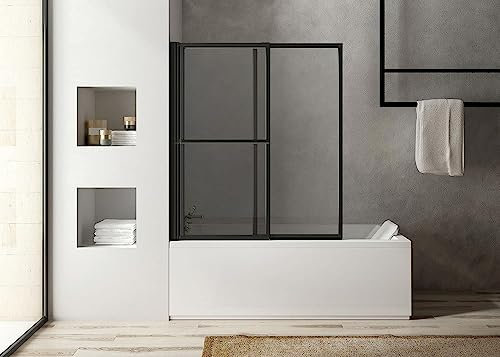 Schulte parete per vasca da bagno 70-118 cm x 140 cm, estensibile, con portasciugamani, colore nero opaco, vetro girevole 180° contro la parete, vetro di sicurezza 3 mm trasparente, guarnizione