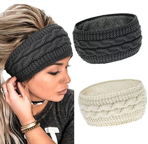 2 stycken vinterpannband damer stickade pannband tjockare kvinnor öronvärmare hårband flickor virkning elastisk plysch sport skidåkning huvudband huvudduk (mörkgrå beige)