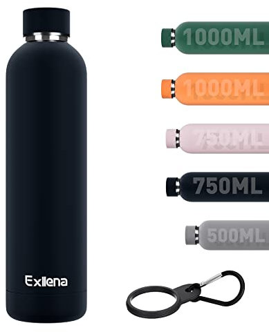 Exllena Borraccia Termica 1 Litro - Bottiglia Termica Doppio Vuoto Mantenere Calore/Freddo - Senza BPA - 100% A Tenuta Stagna con Anello per Tote (Nero)