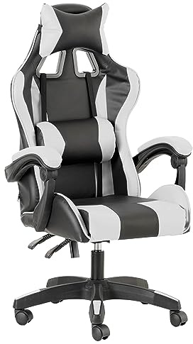 Baroni Home – Silla De Gaming Blanca y Negra, Silla Ergonómica de Oficina con Respaldo Regulable de 90° a 120°, con Reposacabezas, reposabrazos y Soporte Lumbar. Rotación de 360°