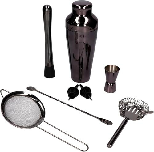 Whiskey Rocks Edelstahl Cocktail Set - Professionelle Barkeeper Set mit Paris Shaker 600 ml, Jigger, Messbecher, Stößel & mehr - Drink Mixer Bar & Cocktail Zubehör - Spülmaschinenfestes - Schwarz