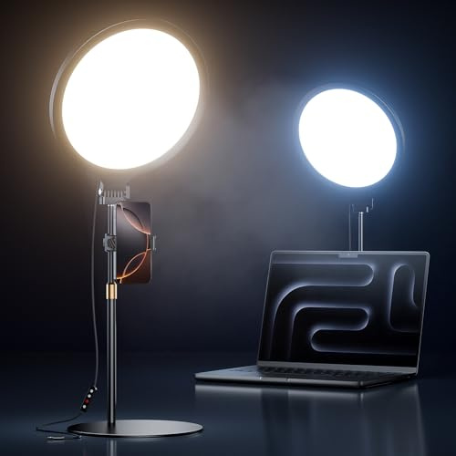 Anillo de luz de escritorio de 10.5 pulgadas con soporte, anillo de luz para selfie de pantalla completa para escritorio con soporte para teléfono, luz ajustable para portátil para grabación de video,