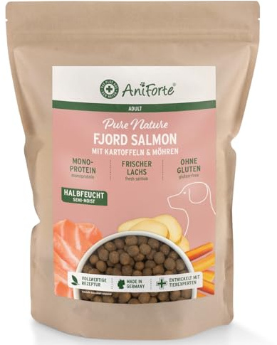 AniForte Lachs Trockenfutter für Hunde 2kg – Frischer Lachs mit Kartoffeln & Vitaminen, Halbfeuchtes Trockenfutter, Hundefutter trocken getreidefrei & glutenfrei für Allergiker