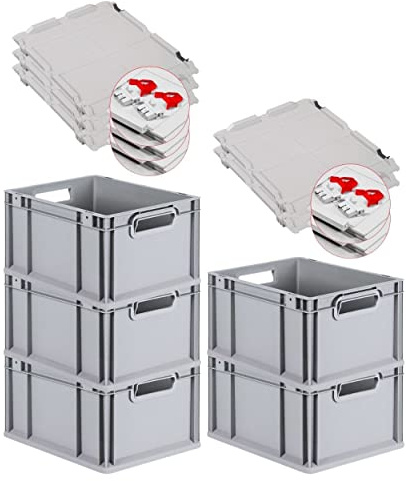 PROREGAL SuperSparSet 5x Eurobox NextGen Grip mit Scharnierdeckel und roten Schiebeschnappverschlüssen, HxBxT 22x30x40cm, 20 L, Grau, Griffe offen, Eurobehälter, Transportbox