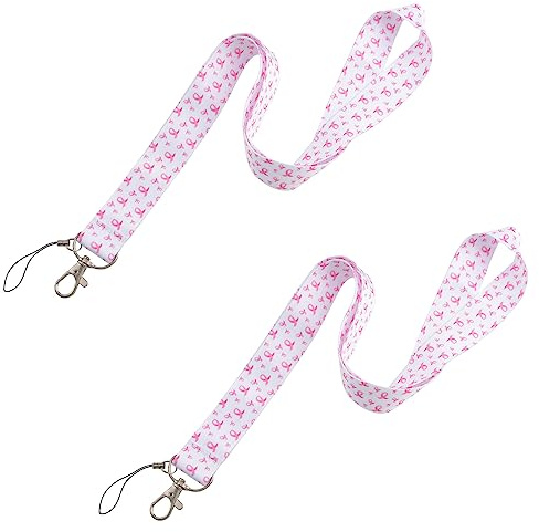 WANDIC 2 PCS Octobre Rose Cordon Cou Porte Clé,Porte-Badge Tour de Cou Cancer du Sein Lanière de Accessoires Décoratifs Portable pour Carte d'identité Téléphone