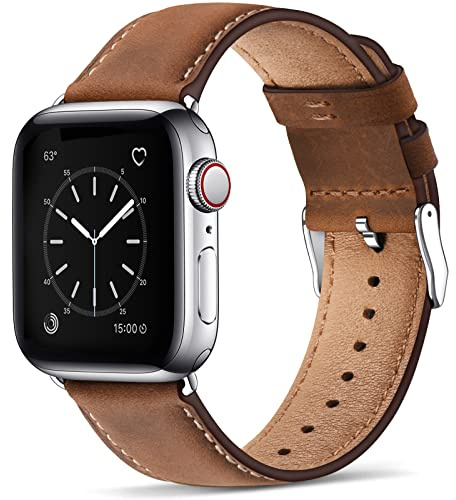 WFEAGL Lederarmband Kompatibel Apple Watch Armband 41mm 40mm 38mm 42mm(Series 11 10),Lederband Ersatzarmband Herren Damen Armband für iWatch Series Ultra SE 11 10 9 8 7 6 5 4 3 2 1,Retro Braun/Silber | Vintage, Business