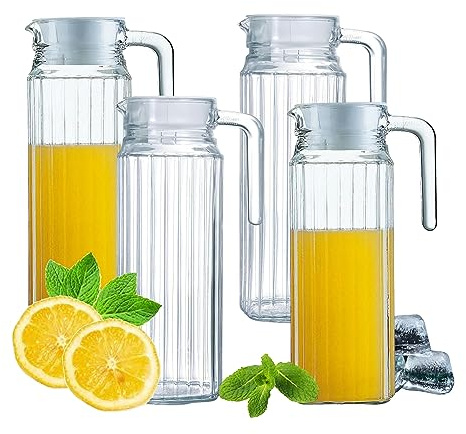 HOMESHOPA Glass Water Jug with Lid, 4 Pack 1.1L Water Pitcher Glass Carafe Jug for Juice, Ice Tea, Coffee, Milk & Beverage, Transparent Glass Fridge Door Water Jug with Spout and Handle