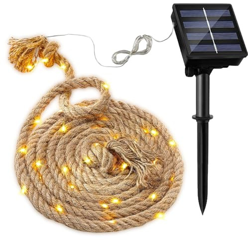 Solar Lichterkette Seil,5M Solar Rope Lights,100 LED Gartenleuchte,Solar Hanfseil Lichterkette,Warmweiß Beleuchtete Lampe,Solar Lichterkette Außen Wetterfest,Wasserdicht Fee Lichterkette Aussen