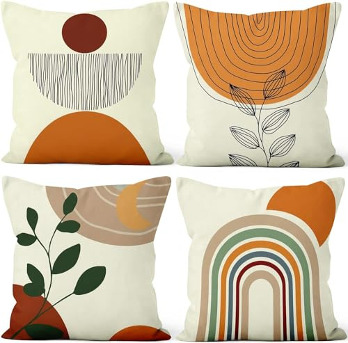 Federe Cuscini Astratta, Uiiooazy Divano Fodera per Cuscino Boho Terracotta Foglie Verde Arco Sole Motivo Decorativa Velluto Copricuscini per Giardino Soggiorno Camera da Letto Auto, Set di 4, 45x45cm
