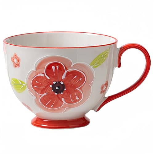 Dowbom Suppentasse mit Griff, Mikrowellen-Suppenschüssel, Keramik-Suppentasse, Frühstücksschale, Bouillon-Tasse (rot, 425 ml)