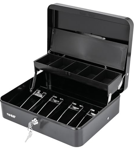 HMF 15230-02 Caisse à monnaie verrouillable avec compartiment à monnaie et 4 compartiments à billets avec pince | 30 x 24 x 9,5 cm | Noir