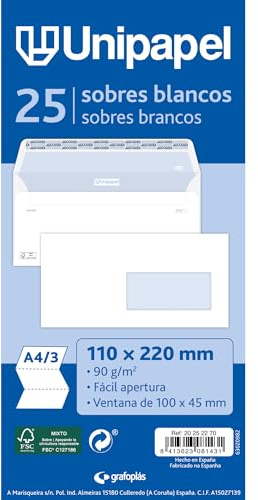 Unipapel | Confezione da 25 buste con finestra destra | 110 x 220 mm | Chiusura diritta con striscia autoadesiva in silicone Autodesk | Carta bianca 90 g | Facile apertura | FSC | Perfetto per lettere