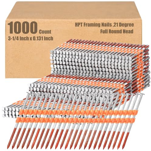 Therwen 1000 Count 21 Degree Framing Nails Full Round Head Collated Framing Ring Shank Hot Dipped Galvanized Nails Plastic Row Fixed for All Pressure Treated Lumber (3-1/4 Inch X 0.131 Inch)
