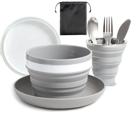 Lafuntar Camping Plate Bowl Cup Cutlery Set for 1, Folding Portable Camping Plates and Bowls Set, Crockery Sets for Hiking, Travel & Outdoor.