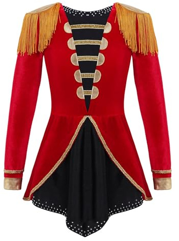 Eandarui Zirkus Akrobatik Kostüm Kinder Mädchen Turnanzug Strass Glitzer Ballettanzug Langarm Fransen Overall Kurz Jumpsuit Quasten Tanzanzug Faschingskostüm Rot 146-152