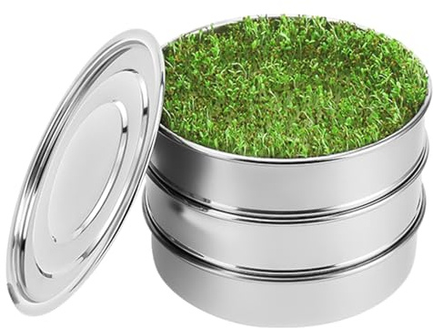 Sprossenzüchter aus Edelstahl – rundes Microgreens-Tablett, runder Microgreens-Gewächshaus | 7,8 Zoll stapelbare 3-stöckige Sprossenschalen, Microgreens-Bohnen-Brokkoli-Alfalfa-Sprossen-Anbauset für C