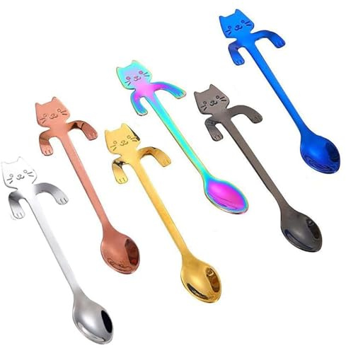 RSYHVG 6 PCS Multicolor Cat Coffee Tea Spoons, Stainless Steel Hanging Cup Teaspoons, Mini Cute Kitten Stirring Spoons Set