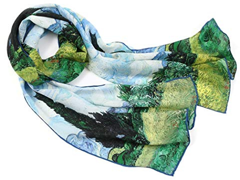Prettystern Damen Herr langer Seidenschal Malerei blau grün - Weizenfeld mit Zypressen P710