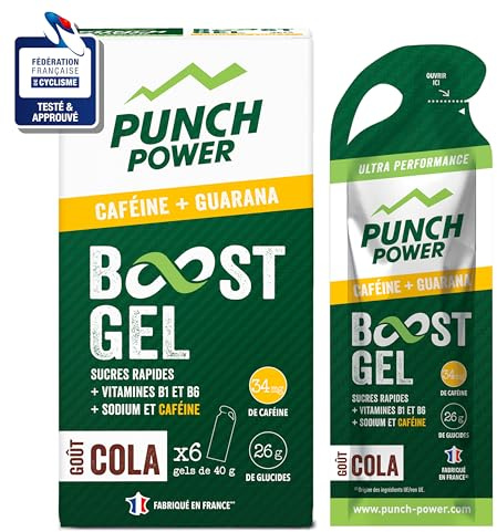 PUNCH POWER Gel boost CAFEINE+GUARANA pendant l'effort pour donner de l'énergie et améliorer la performance, Sucres rapides, vitamines B1 et B6, sodium et 34mg de caféine. Gel de 40g - 6 gels