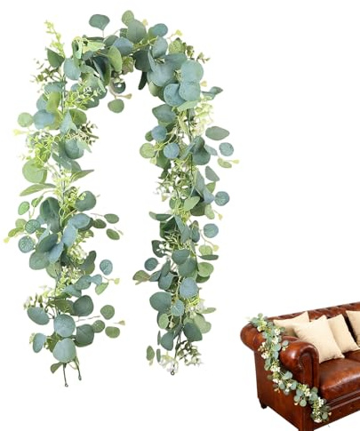 Eukalyptus Girlande, Dekorative Eukalyptus Deko für Innen- und Außenbereich, 1,8m Hängende Eukalyptusranke mit Grünen Blättern, Ideal für Hochzeiten und Themenveranstaltungen