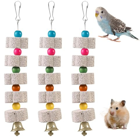 CVASNF 3 Stück Große Vogel Kauspielzeug, Mineralstein-Backenzahn-Spielzeug mit Glocke Hängende Papagei Vogel Zähne Schleifstein Kalkstein für Wellensittiche Kakadu Sittich Lovebird