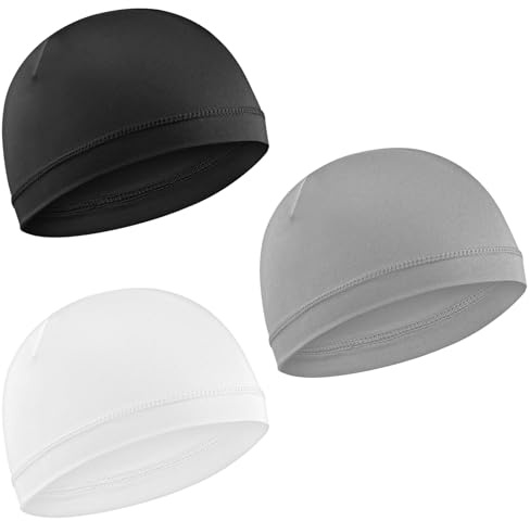 Qianyu 3pcs Cooling Skull Caps Helmet Liner Sweat Wicking Thermal Running Beanie Stretchy Cycling Skull Caps Lightweight for Men Women (UK, Alpha, One Size, Black; Light Grey; White)