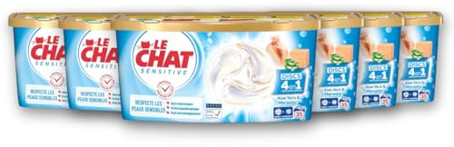 LE CHAT - Pack Intensif Sensitive - Capsules Lessive Discs 4en1 au Savon de Marseille & Aloe Vera - Peaux Sensibles - Parfum Hypoallergénique - Testé Dermatologiquement - 210 Capsules