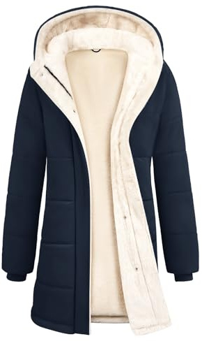 CMTOP Chaqueta Mujer Invierno Largo Forro Polar Cálido Abrigo Repelente al Agua Termica Parka Elegantes Clásica Chaqueta Acolchada, Gruesa Jacket con Bolsillos y Capucha(Azul Marino,XL)