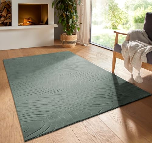 Kurzflor Boho Vintage Teppich waschbar, pflegeleicht geeignet für Wohnzimmer, Schlafzimmer und Kinderzimmer Kinderteppich auch als Badematte Badzimmerteppich Grün abstrakte Wellen 160x230 cm