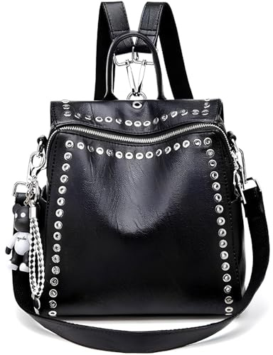 KUKEANVO Damen 2-in-1 Wandelbare Tasche mit Nieten – Große Shopper Tote Rucksack, Handtasche, Schwarzer Reiserucksack für Uni, Arbeit, Freizeit