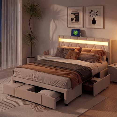 BRYXR Polsterbett Doppelbett 160x200, LED Kopfteil mit USB Ladefunktion, Bettgestell mit Lattenrost und 4 Schubladen, Jugendbett Stauraumbetten Funktionsbett Rückenlehne, Beige Leinen, Ohne Matratze