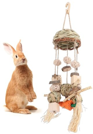 Luqeeg Hängande Tuggleksaker för Kaniner, Träbur för Kaniner, Godisleksak för Tandgnissling, Godis i Rottingring för Hamster Marsvin Chinchillor Tandgnissling
